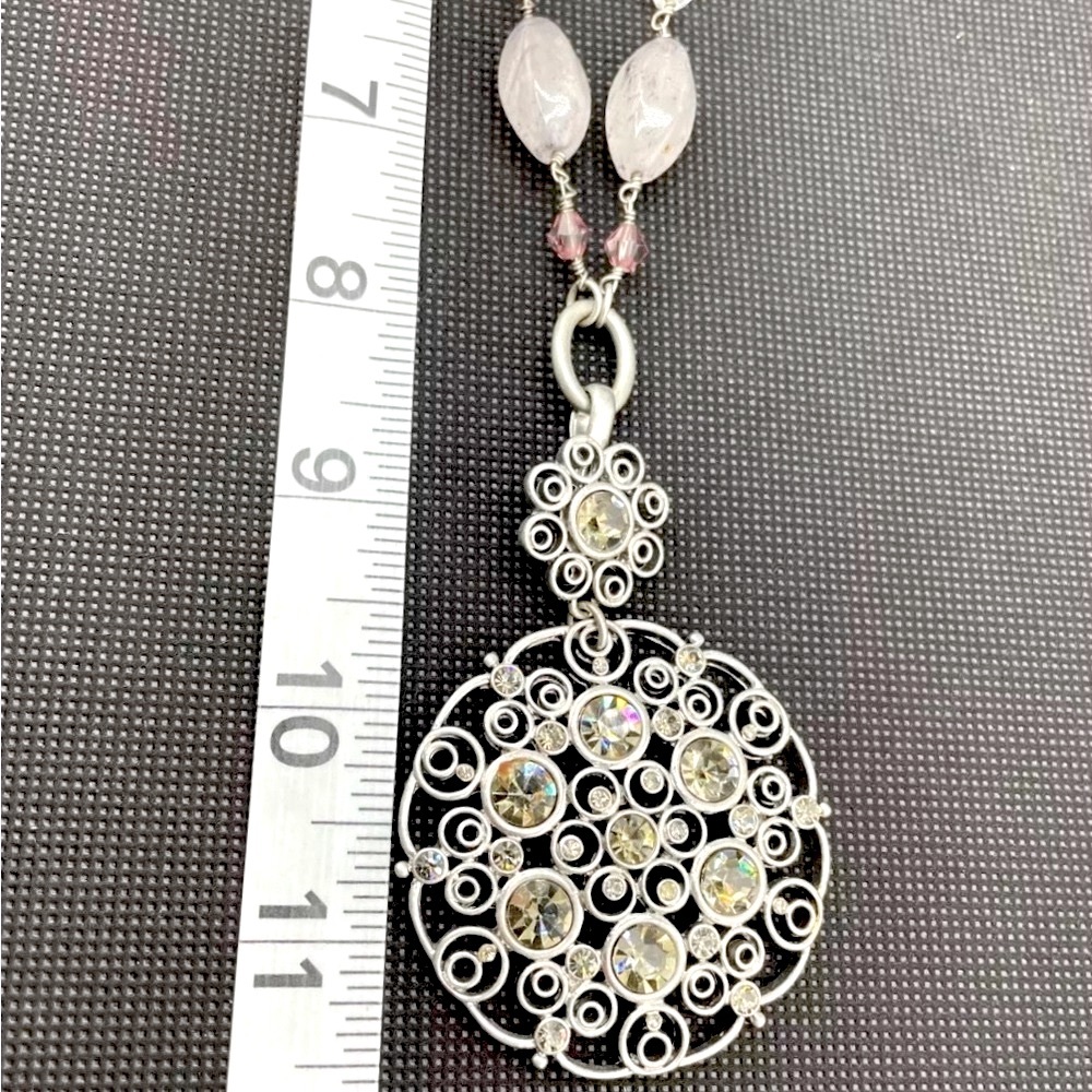 Lia Sophia Rhinestone Matte Silver Tone Necklace, Flower Pendant EUC - Picture 7 of 8